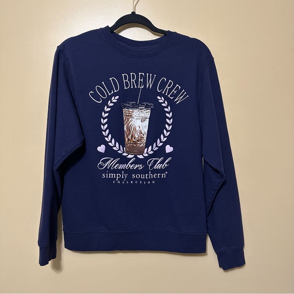 Simply Southern Cold Brew Crew Club Sweatshirt Crewneck Navy Blue Women Small